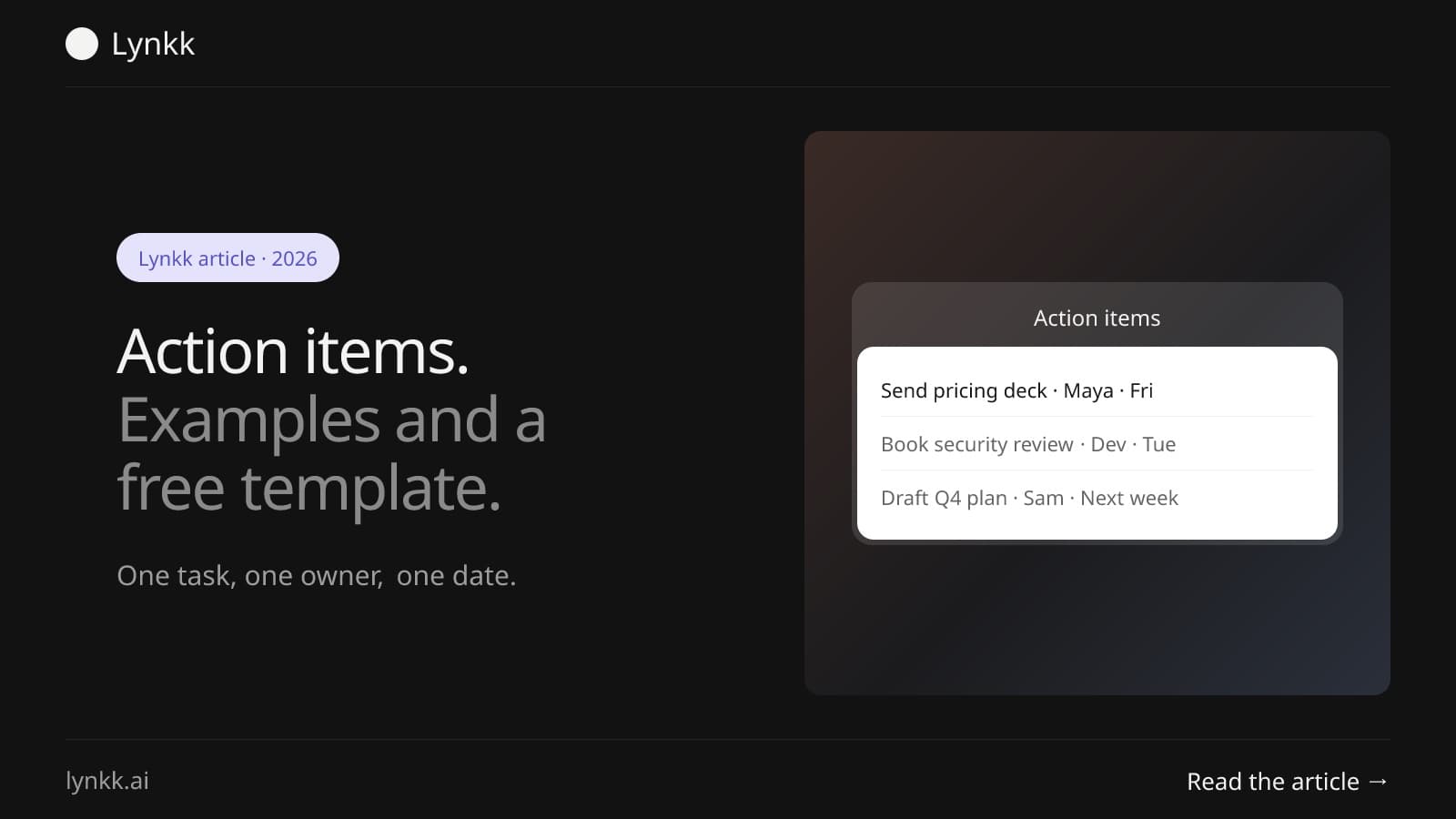 An action items template with task, owner, due date and status columns