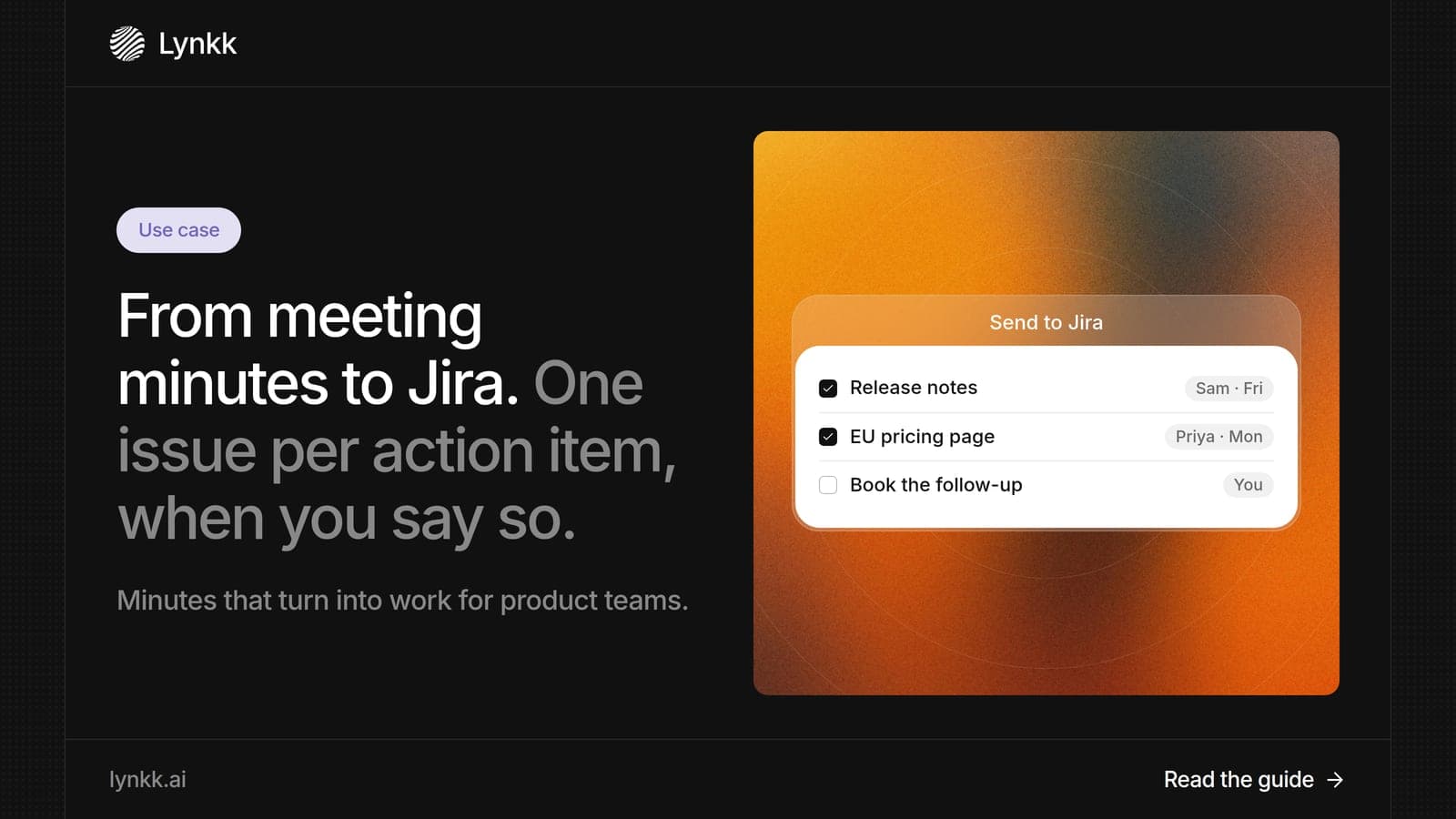 Meeting minutes from a product planning meeting sent to Jira with owners