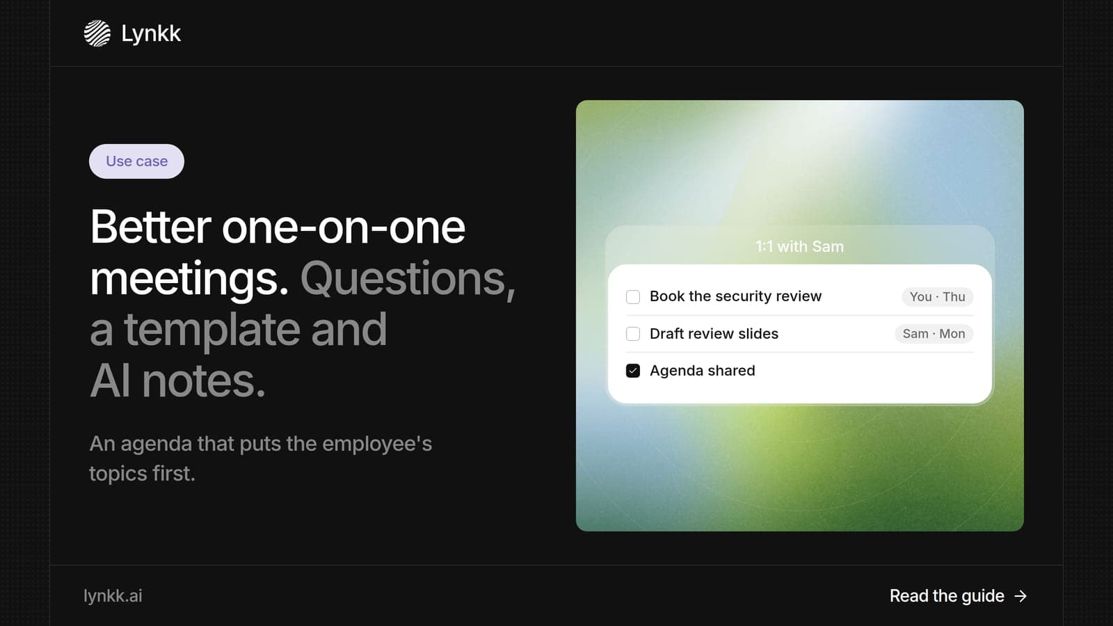 One-on-one meeting agenda and notes template with action items for a manager and employee