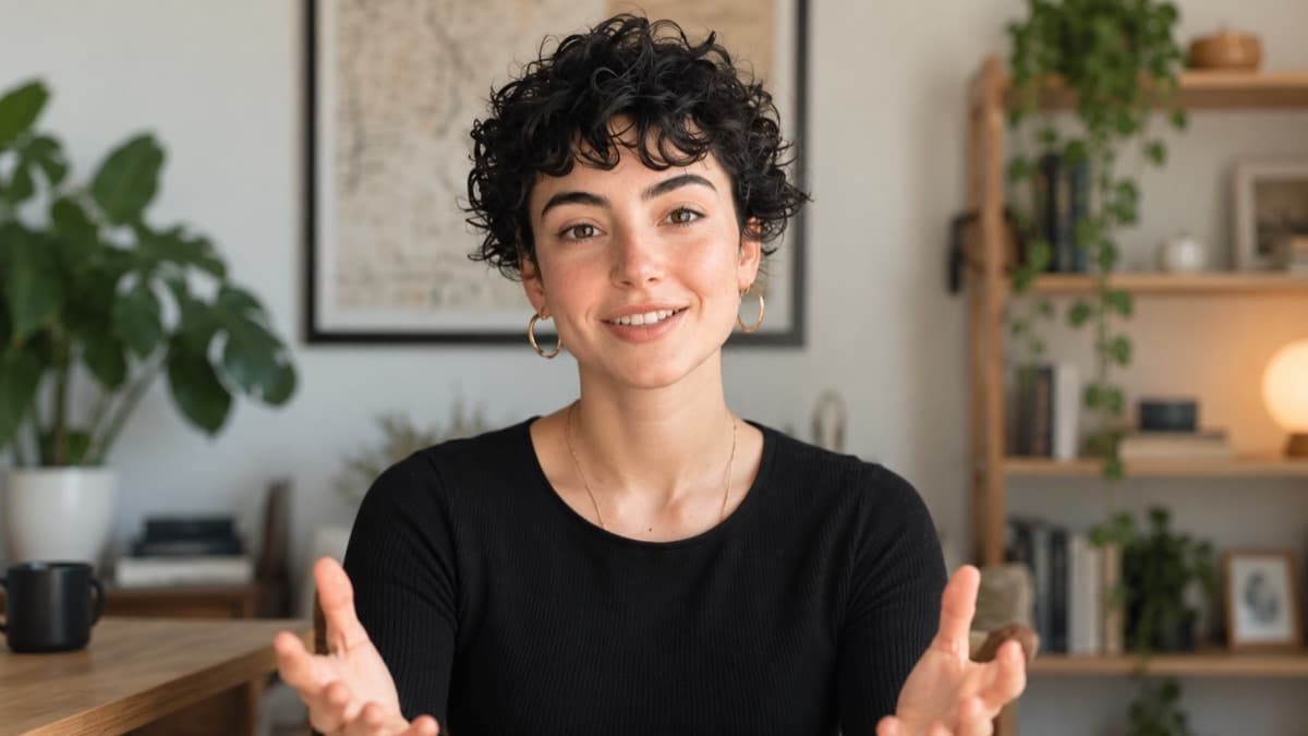 A woman with short curly hair speaking on a video call, gesturing with both hands